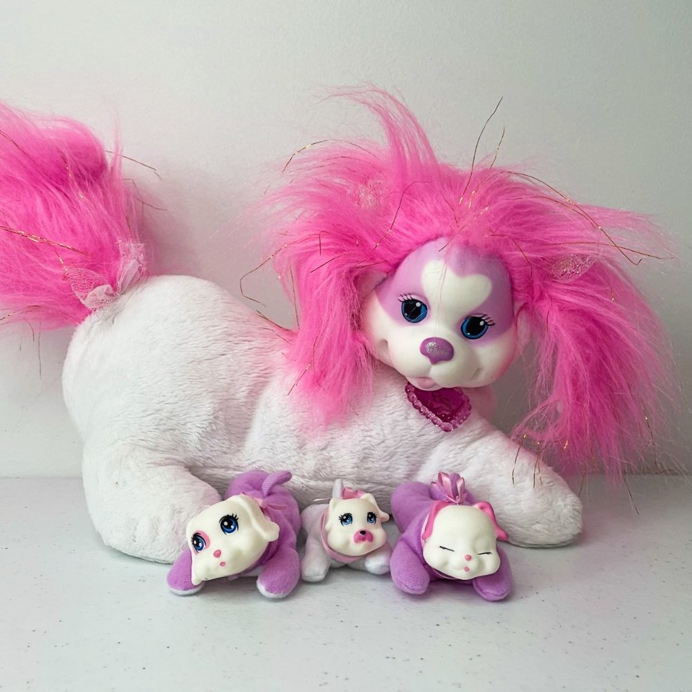 Puppy Surprise 3 Puppies Plush Stuffed Dog White Pink Hair Gold Sparkles 2014